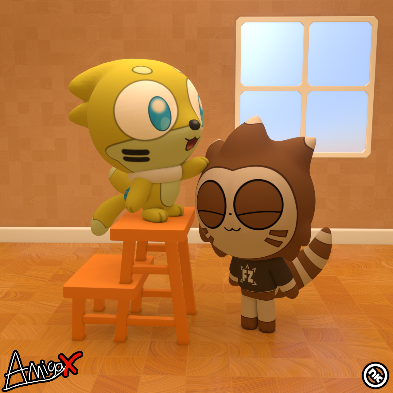 Tricky (on the stepstool) is petting Feizoy on his head. For AmigaX